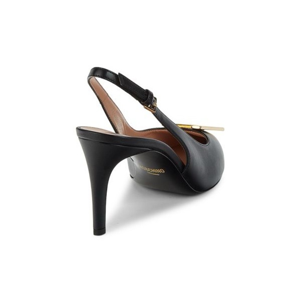 MOSCHINO Couture Gold Logo Black Leather Slingback Pumps Sz. 39 NEW! - Picture 2 of 9